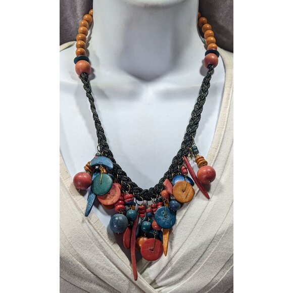 Vintage Rainbow Hand Carved Wood Fringe Necklace - Picture 4 of 6